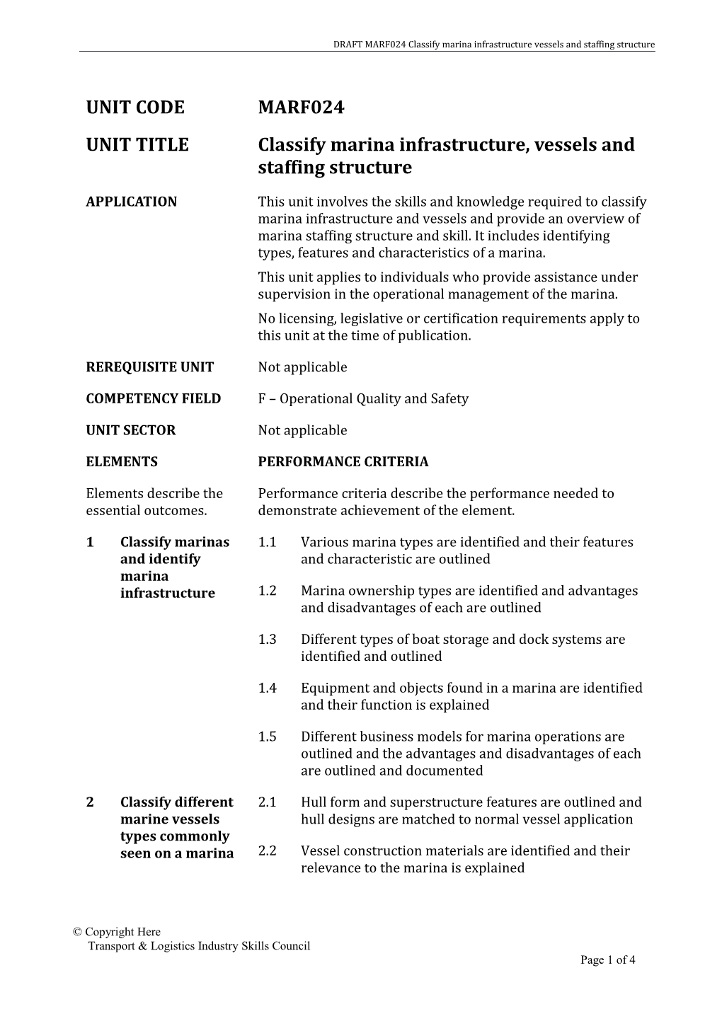 DRAFT MARF024 Classify Marina Infrastructure Vessels and Staffing Structure