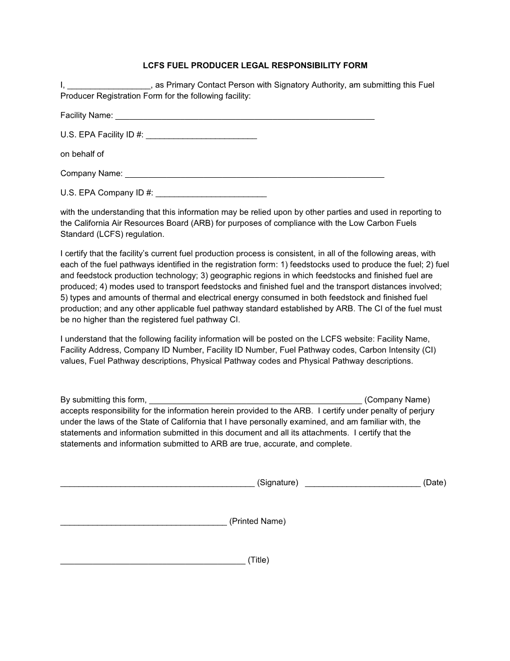 Lcfs Fuel Producer Legal Responsibility Form