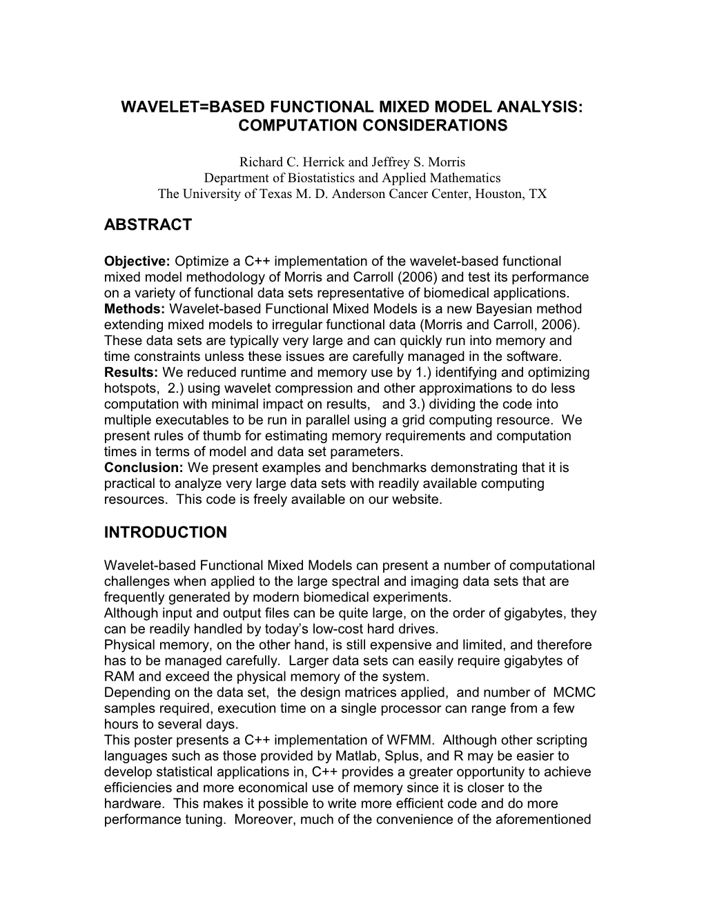 Wavelet=Based Functional Mixed Model Analysis: Computation Considerations