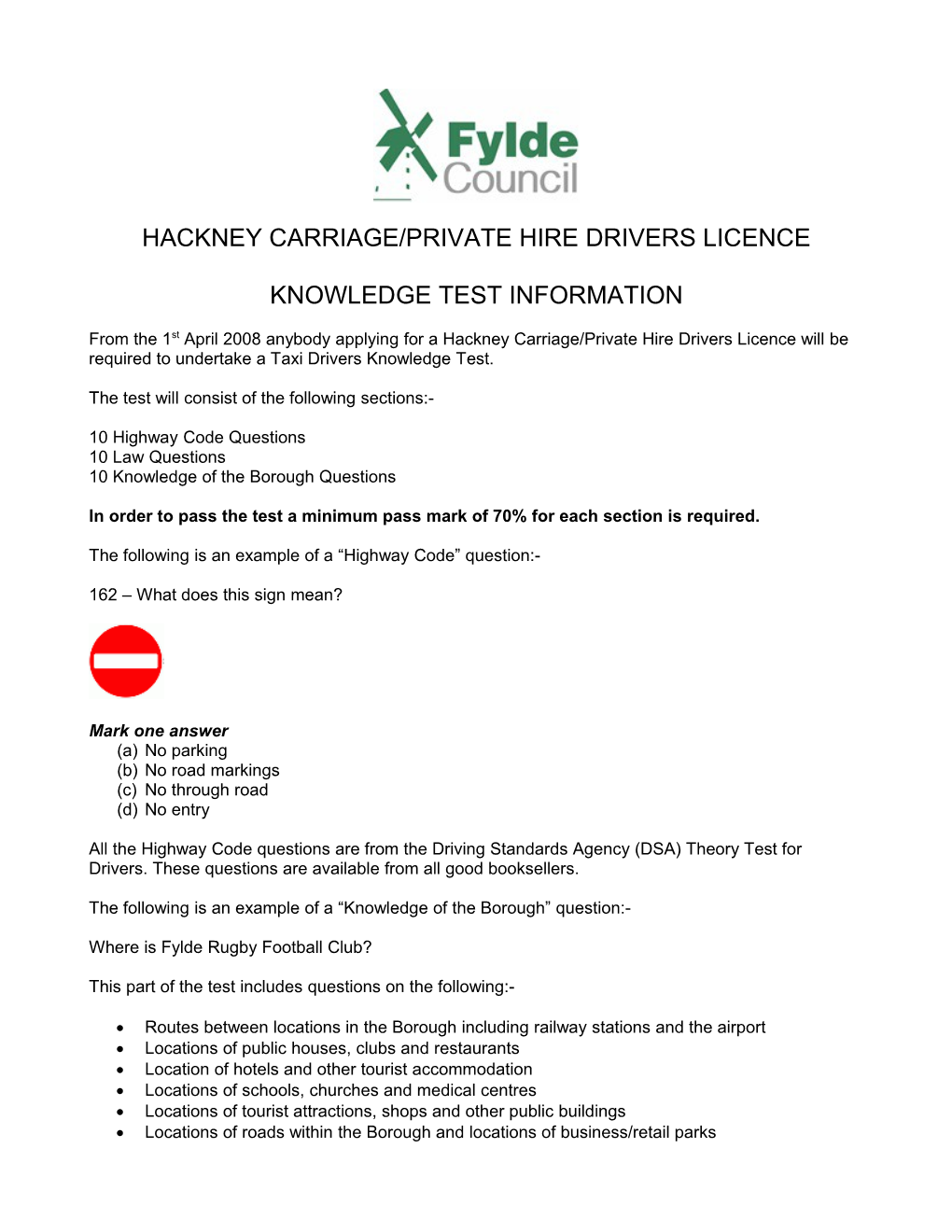 Hackney Carriage/Private Hire Drivers Licence