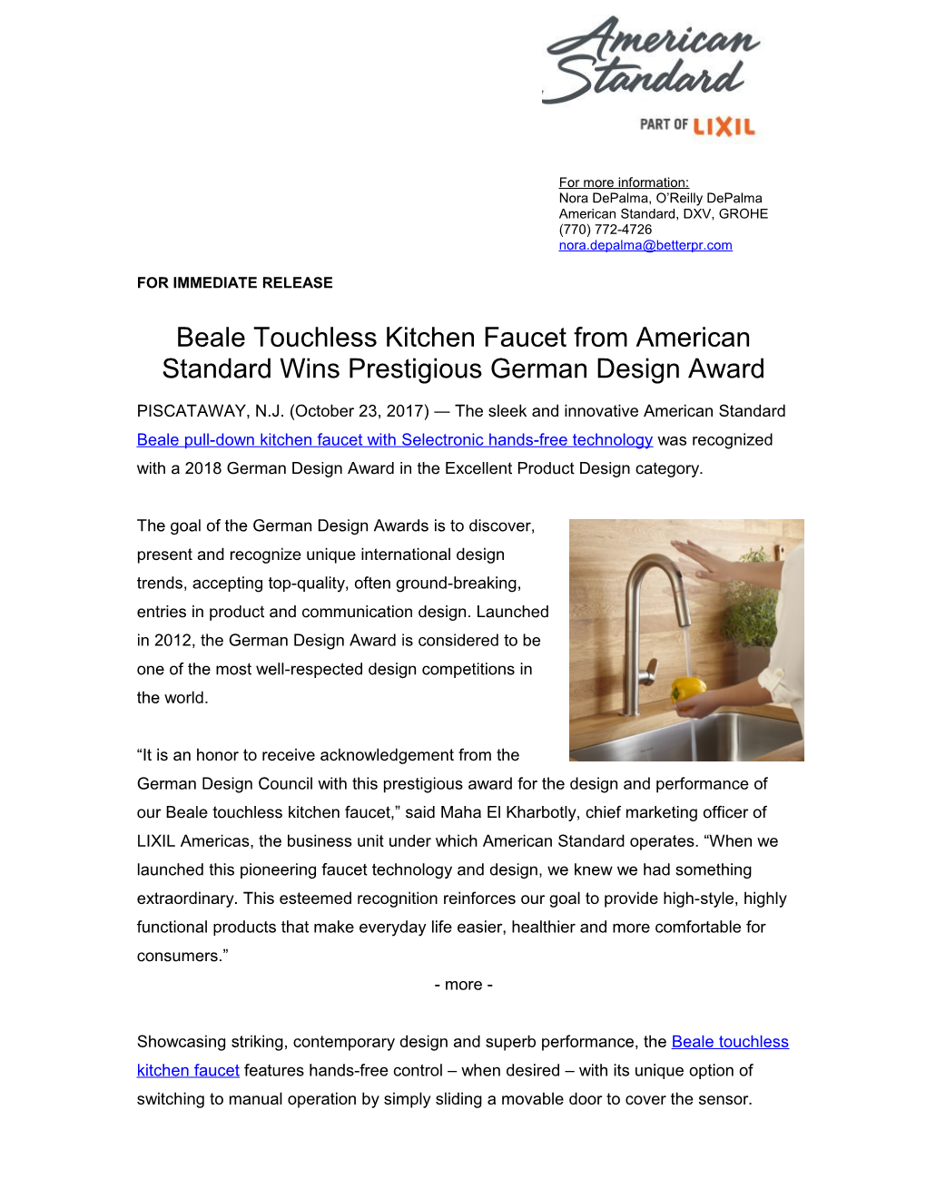 Beale Touchless Faucet from American Standard Wins 2018 German Design Award 3-3-3
