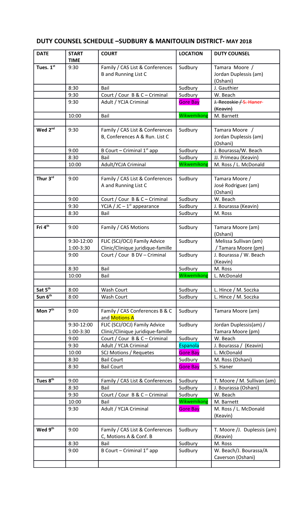 Duty Counsel Schedule Sudbury & Manitoulin District-May 2018