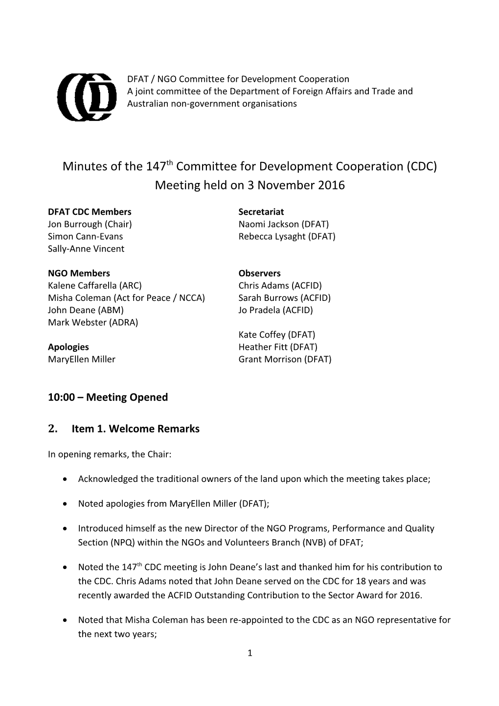 Minutes of the 147Th Committee for Development Cooperation (CDC) Meeting Held on 3 November 2016
