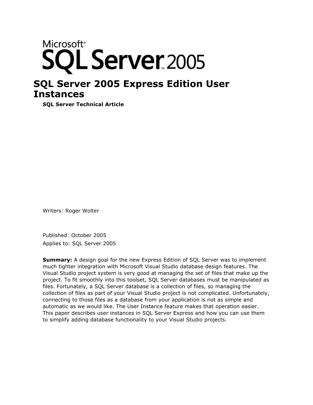 SQL Server 2005 Express Edition User Instances