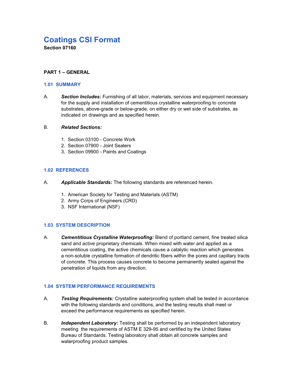 Xypex Concrete Waterproofing Specifications (CSI Format)