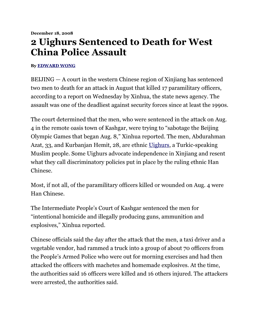 2 Uighurs Sentenced to Death for West China Police Assault