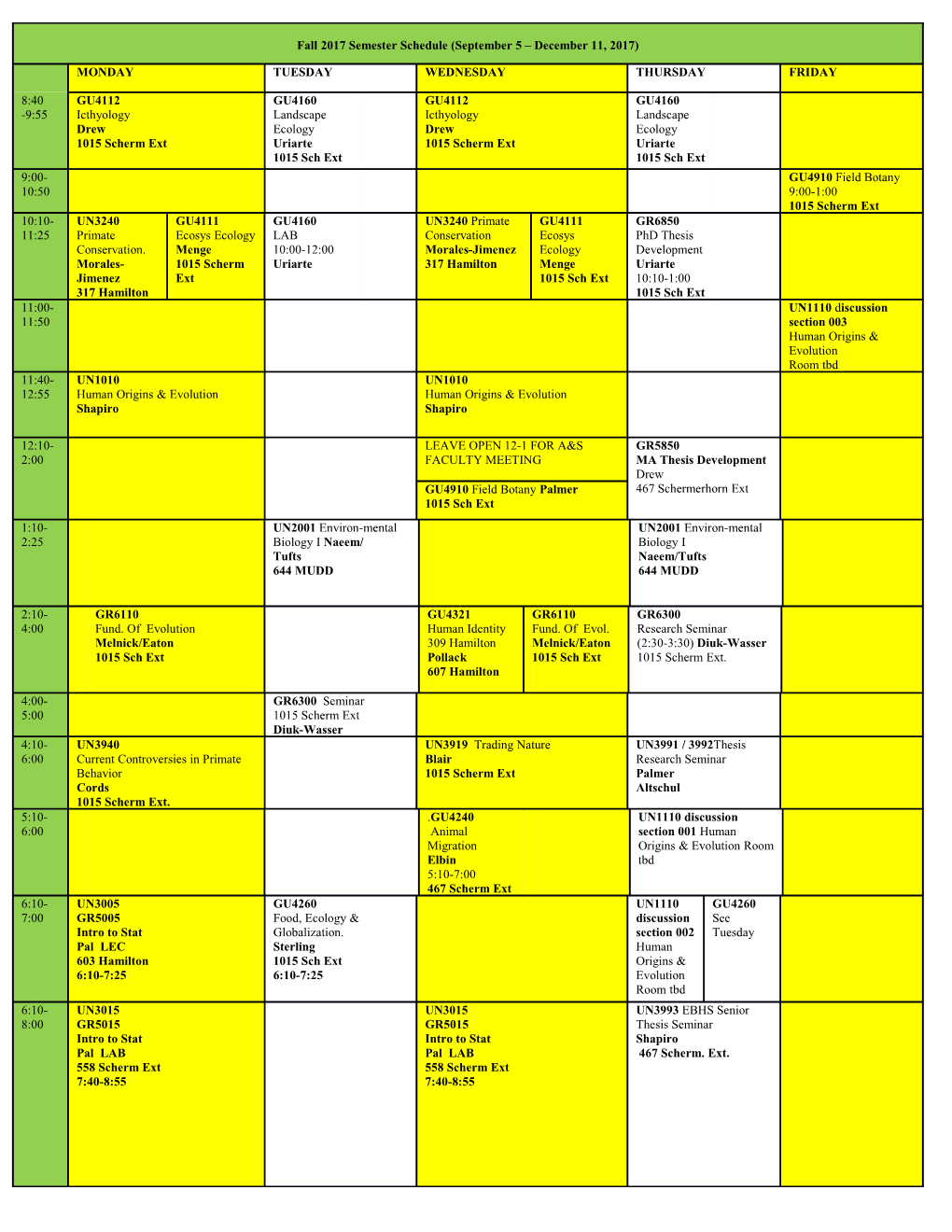 Spring 2012 Semester Schedule