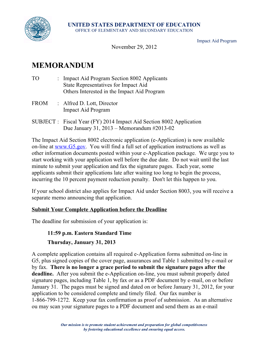Section 8002 FY 2014 Impact Aid Program Application Memo (MSWORD)
