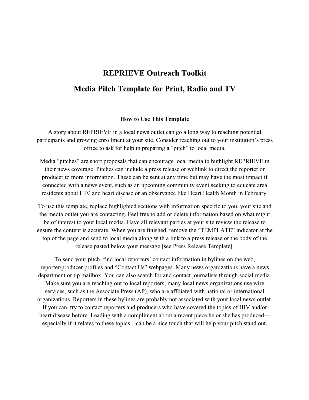 Media Pitch Template for Print, Radio and TV