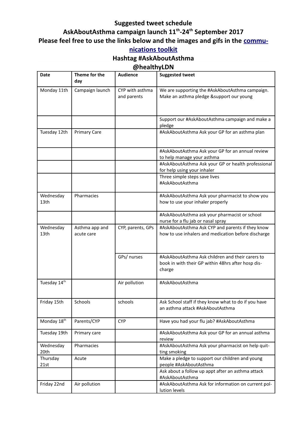 Suggested Tweet Schedule