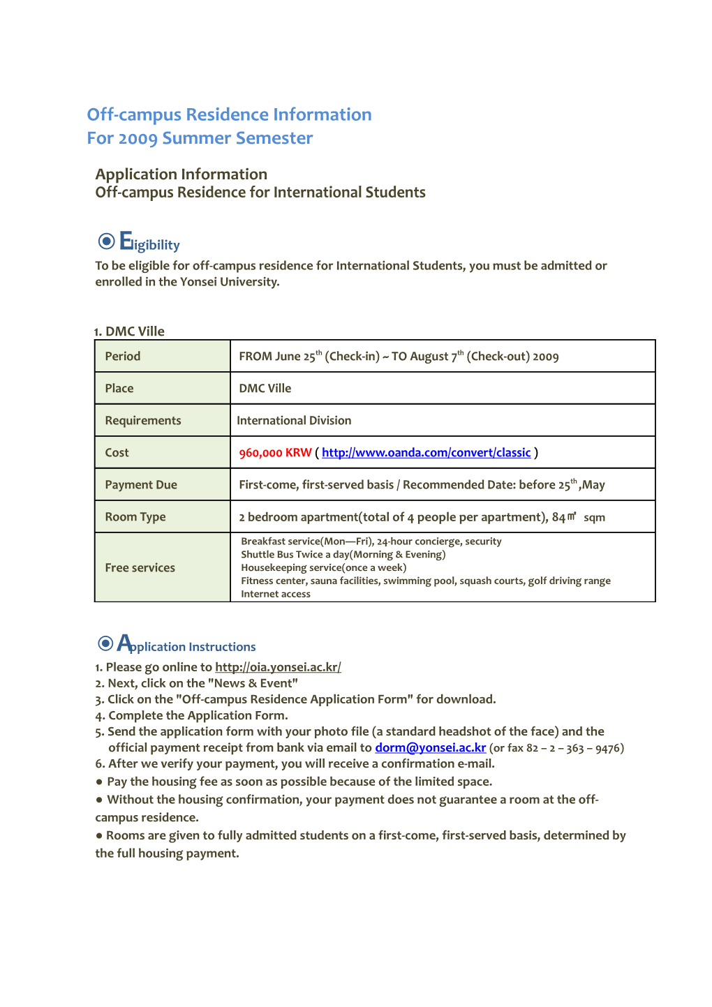 Off-Campus Residence Information