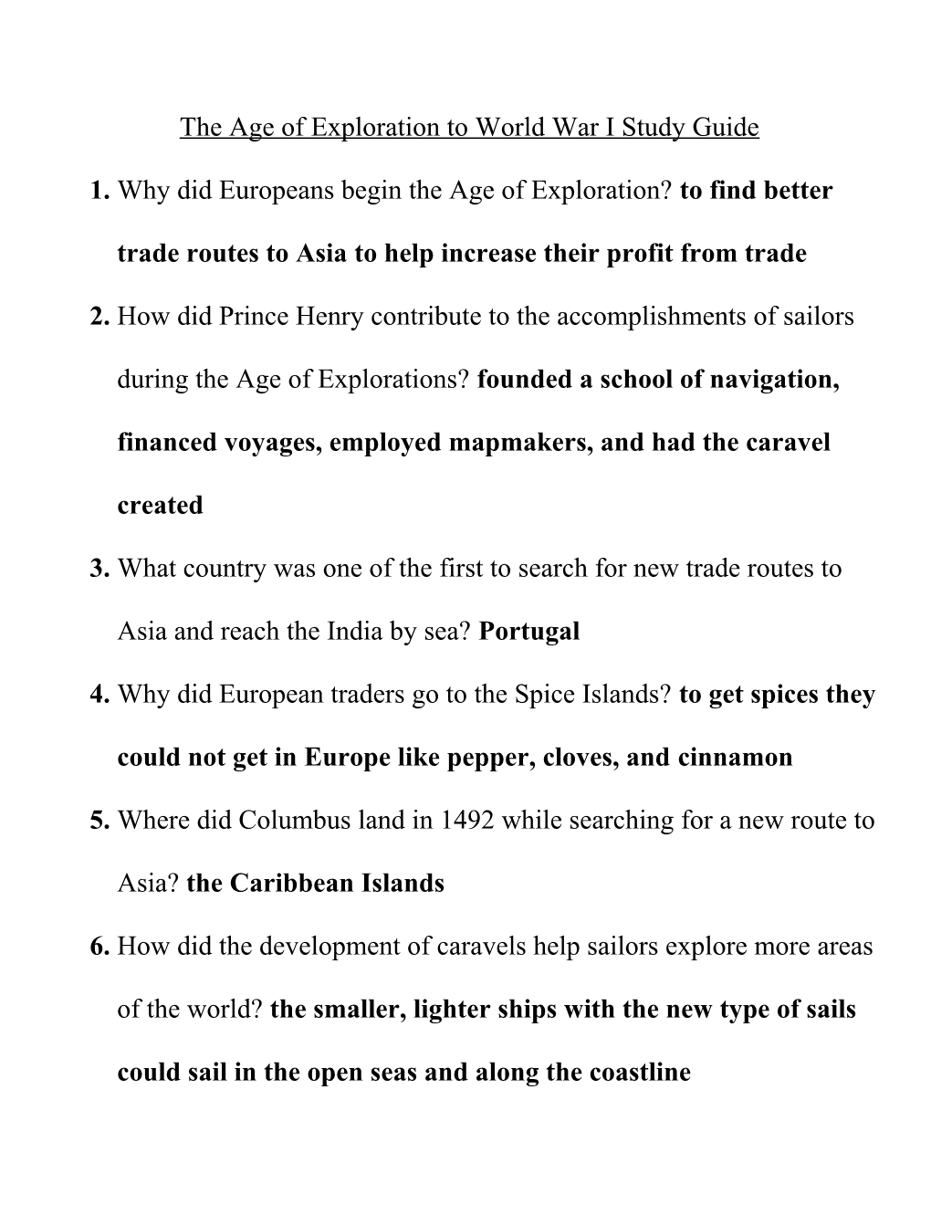 The Age of Exploration to World War II Study Guide