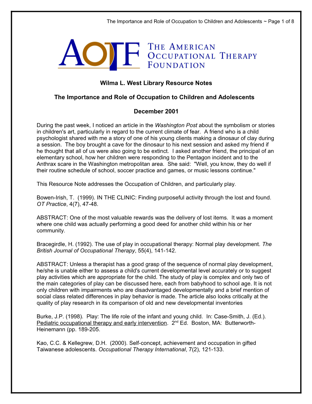 The Importance and Role of Occupation to Children and Adolescents Page 1 of 8