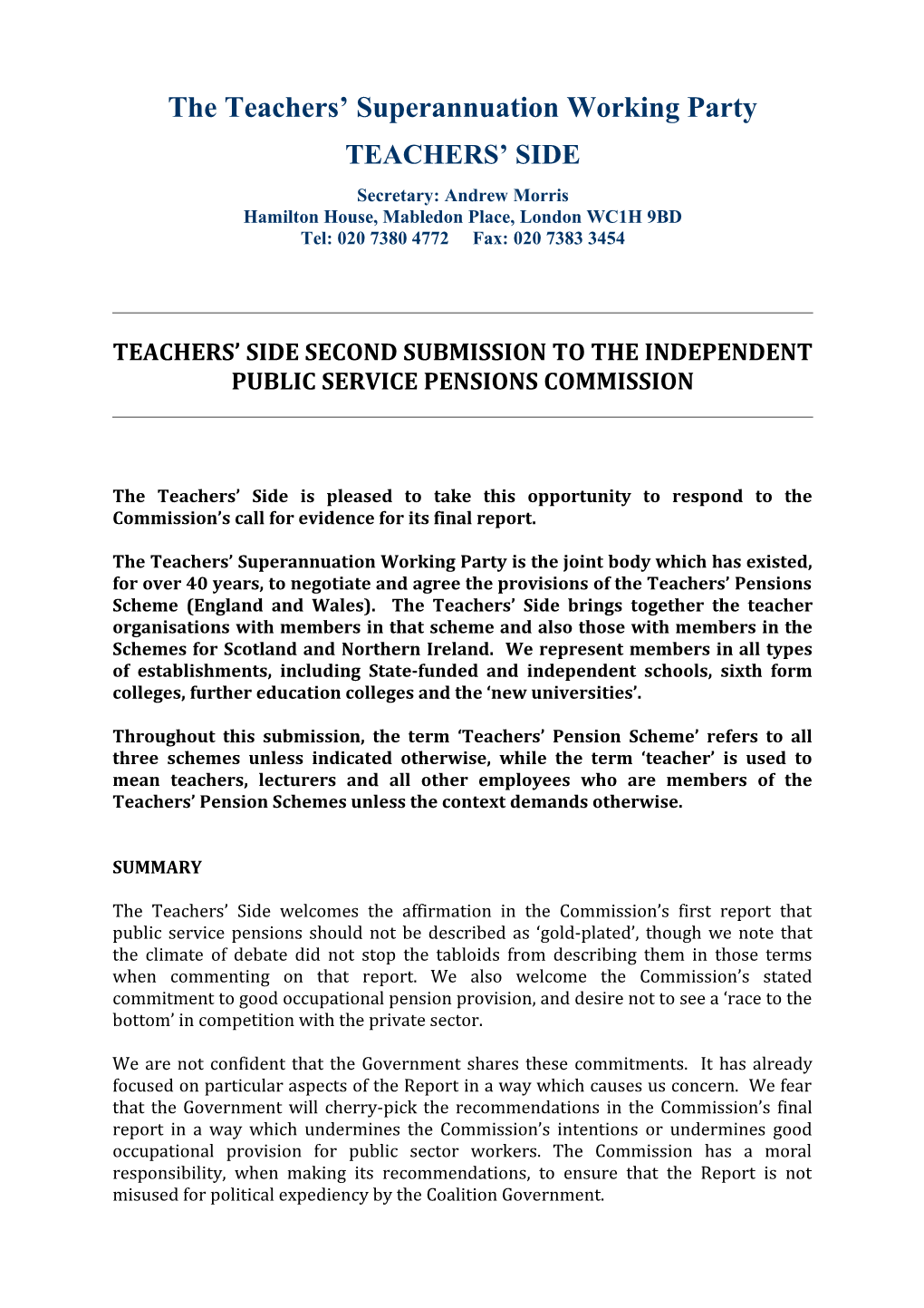 The Teachers Superannuation Working Party