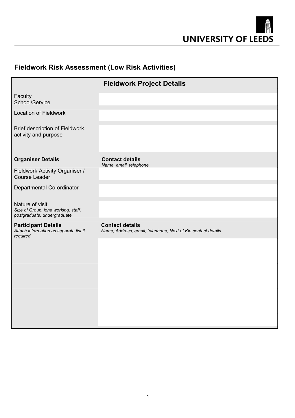 Fieldwork Risk Assessment (Low Risk Activities)