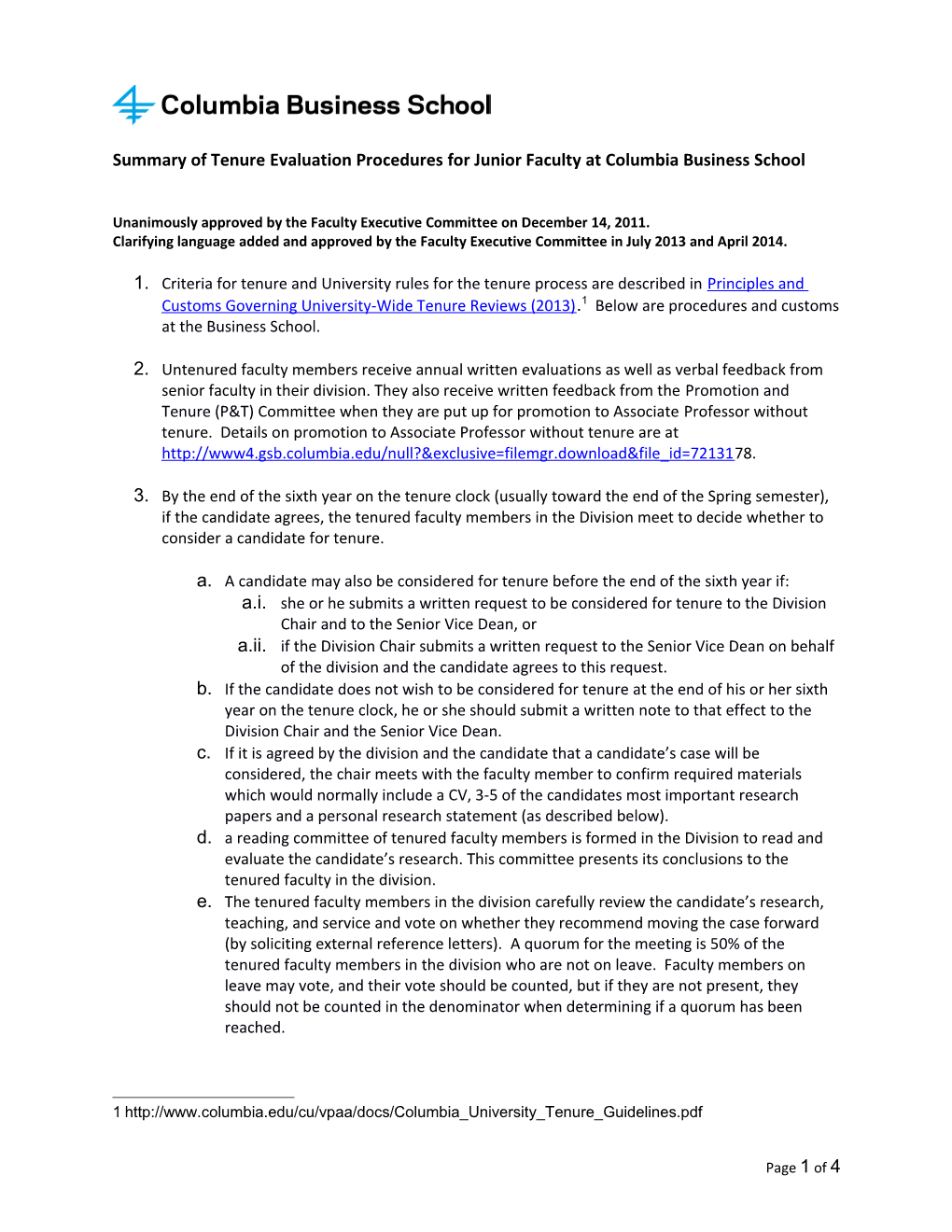 Summary of Tenure Evaluation Procedures for Junior Faculty at Columbia Business School