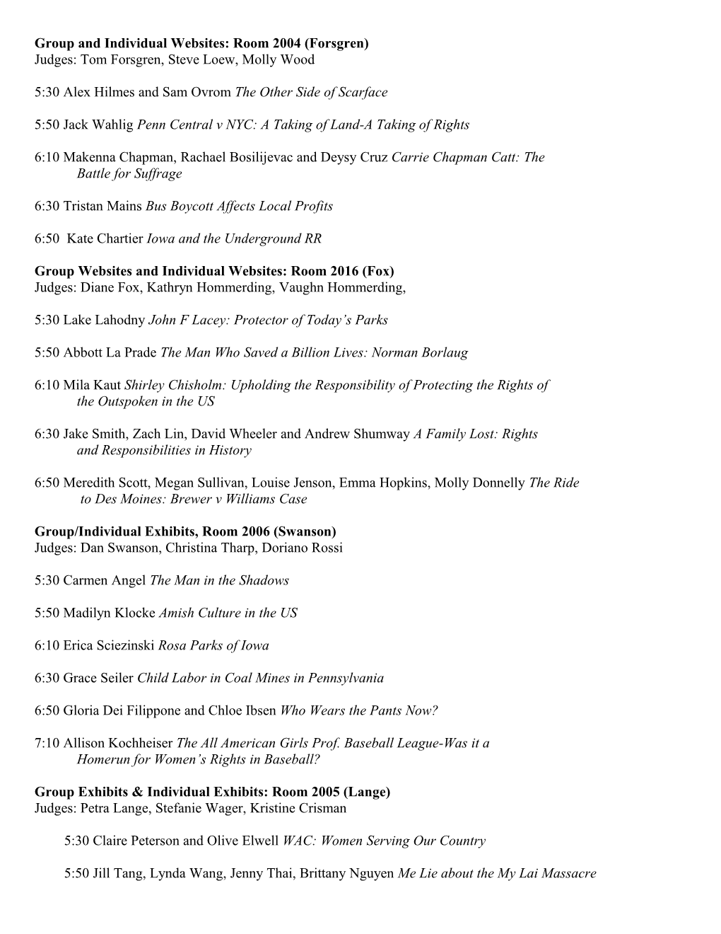 History Night-Thursday, March 8, 2012 Schedule and Locations
