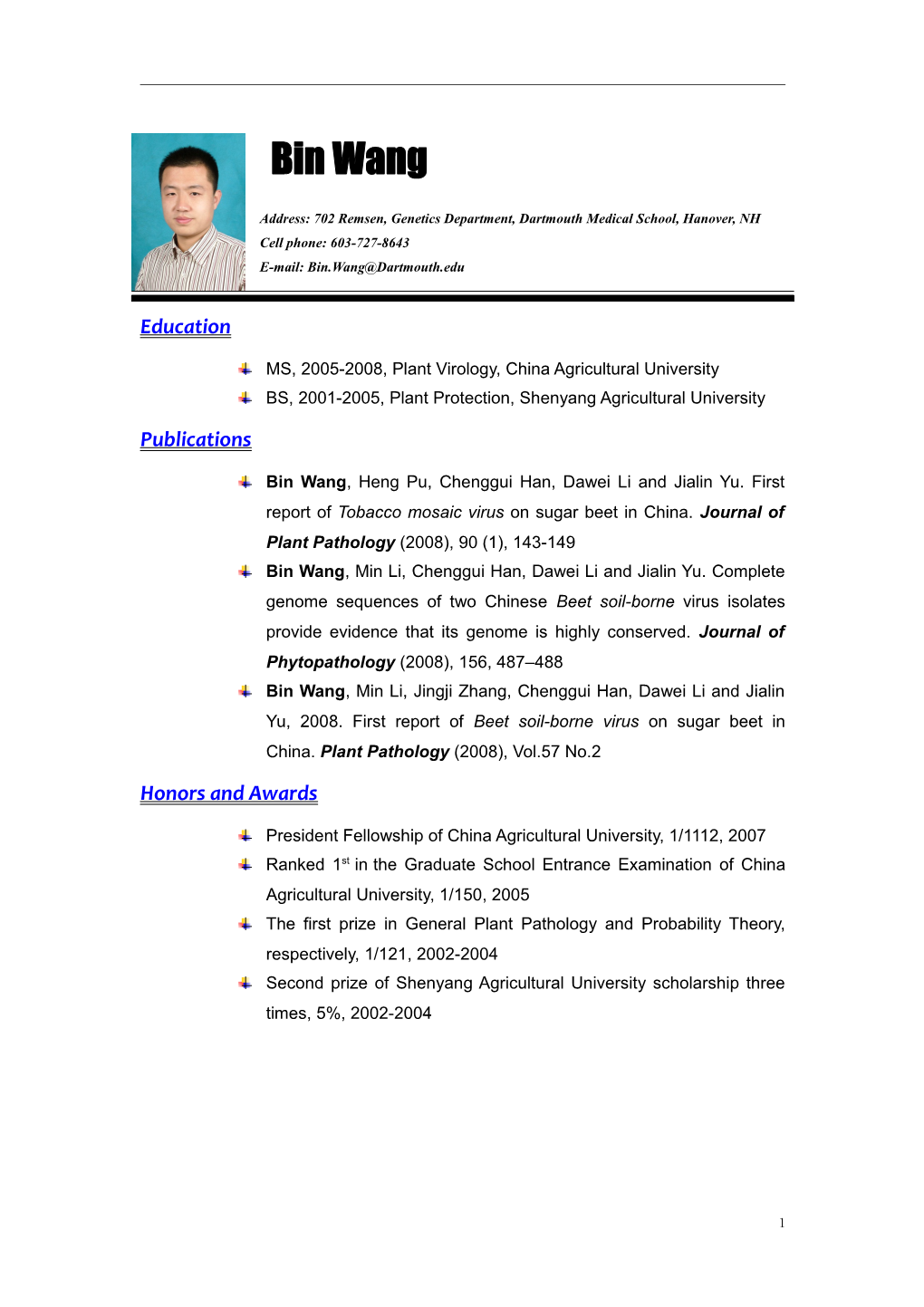 MS, 2005-2008, Plant Virology, China Agricultural University