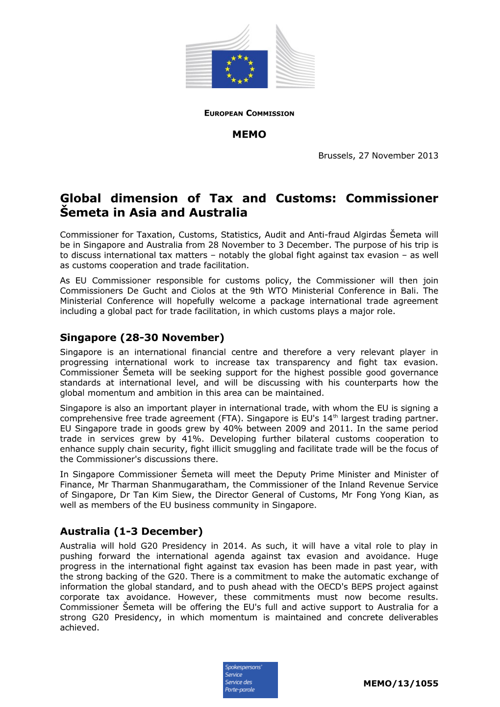 Global Dimension of Tax and Customs: Commissioner Šemeta in Asia and Australia