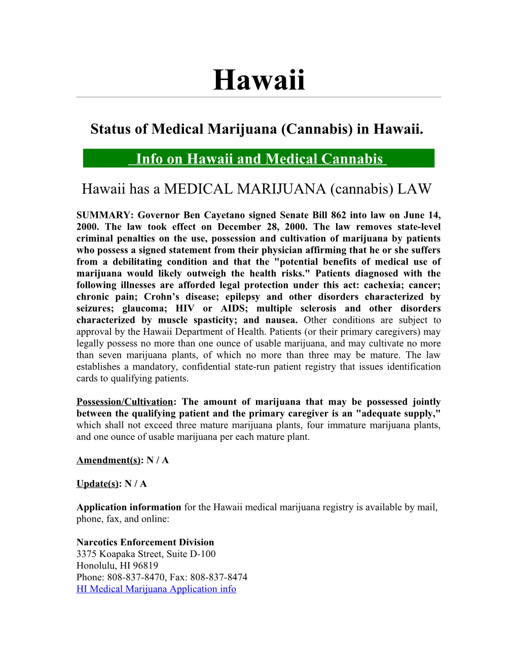 Status of Medical Marijuana (Cannabis) in Hawaii