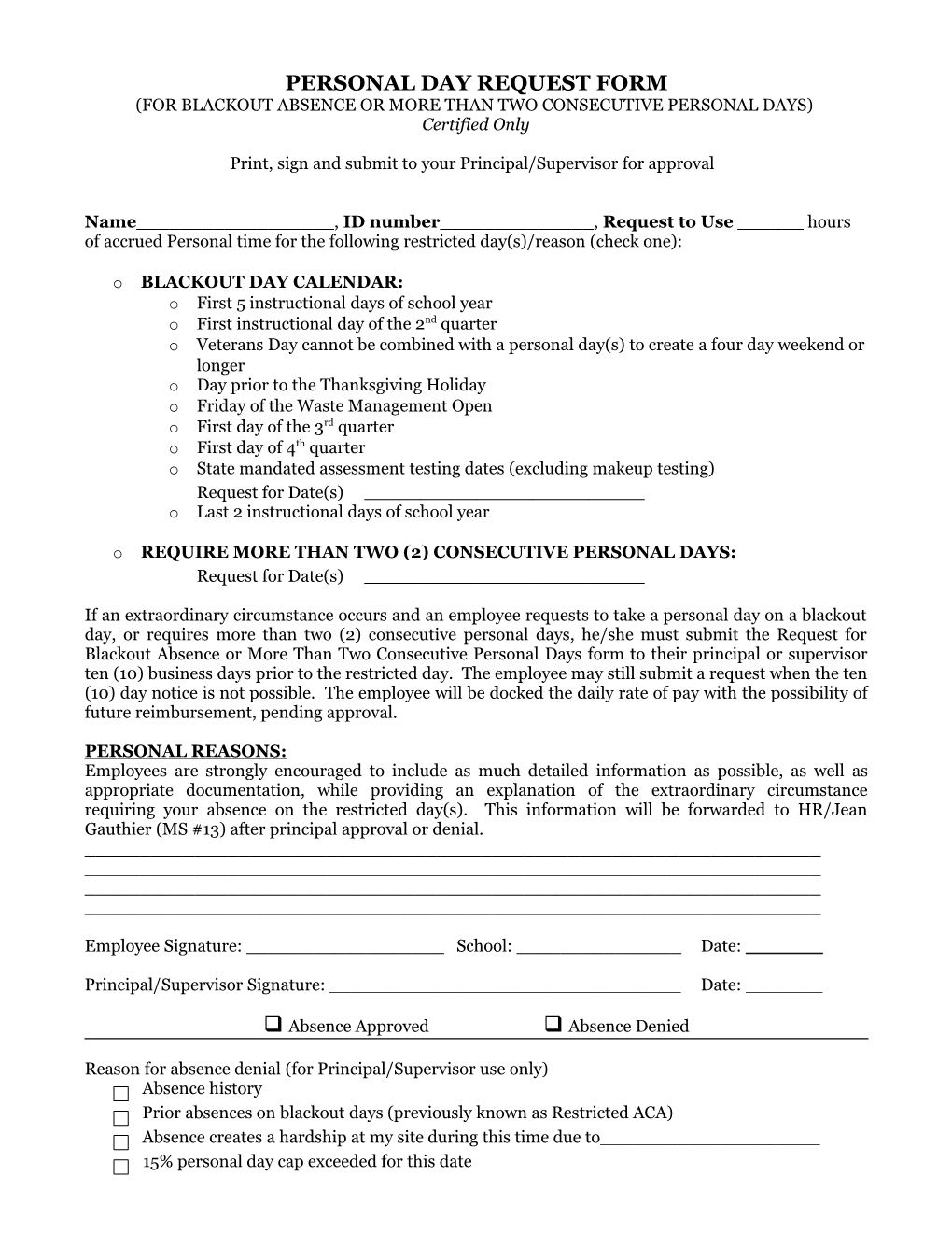 Personal Day Request Form