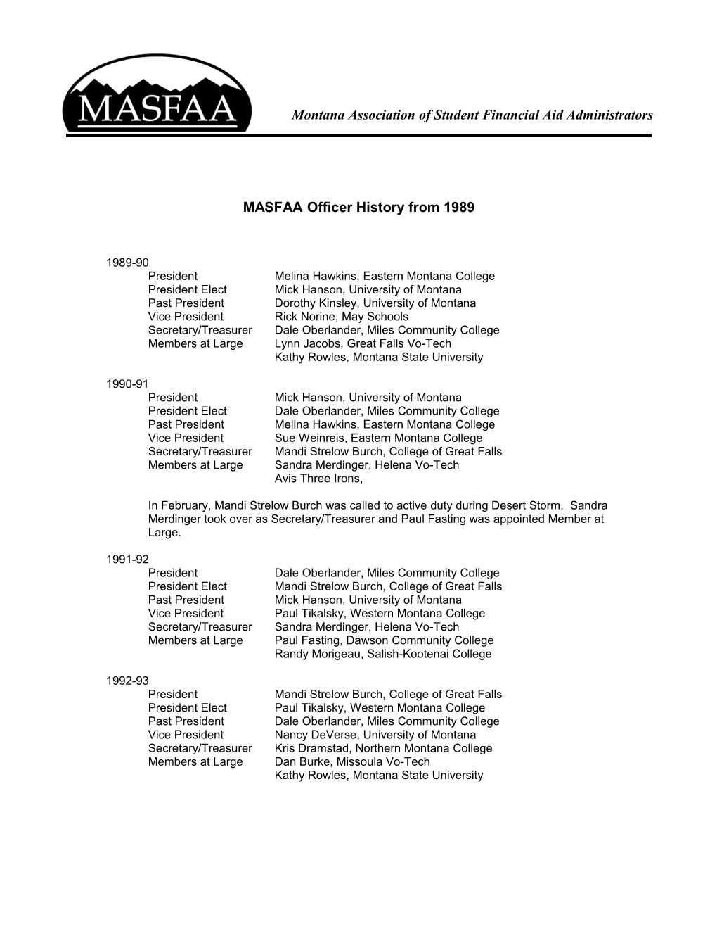 MASFAA Officer History from 1989