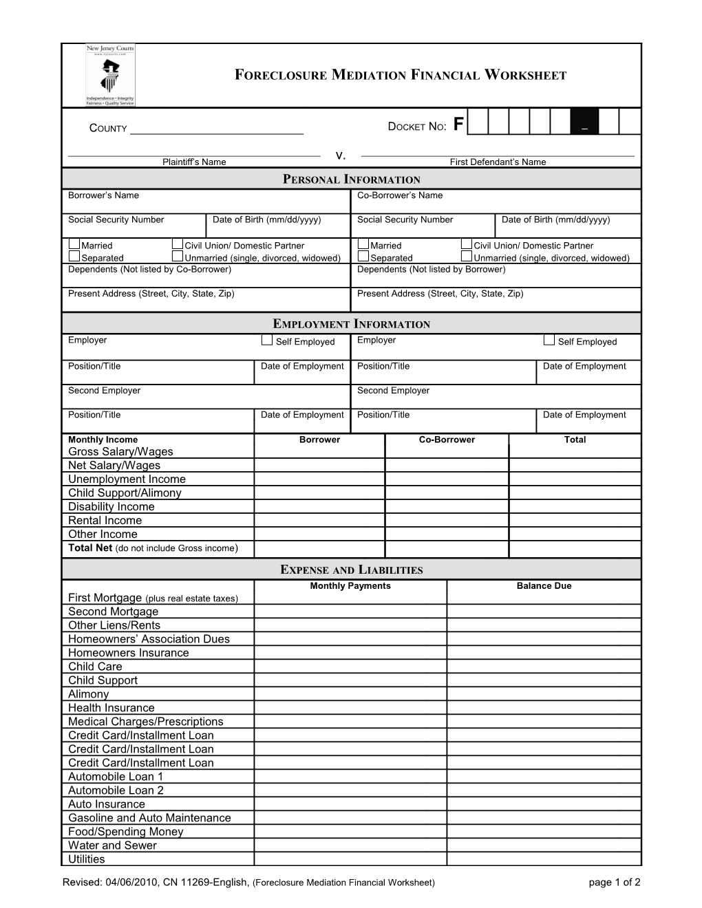 Foreclosure Mediation Financial Worksheet