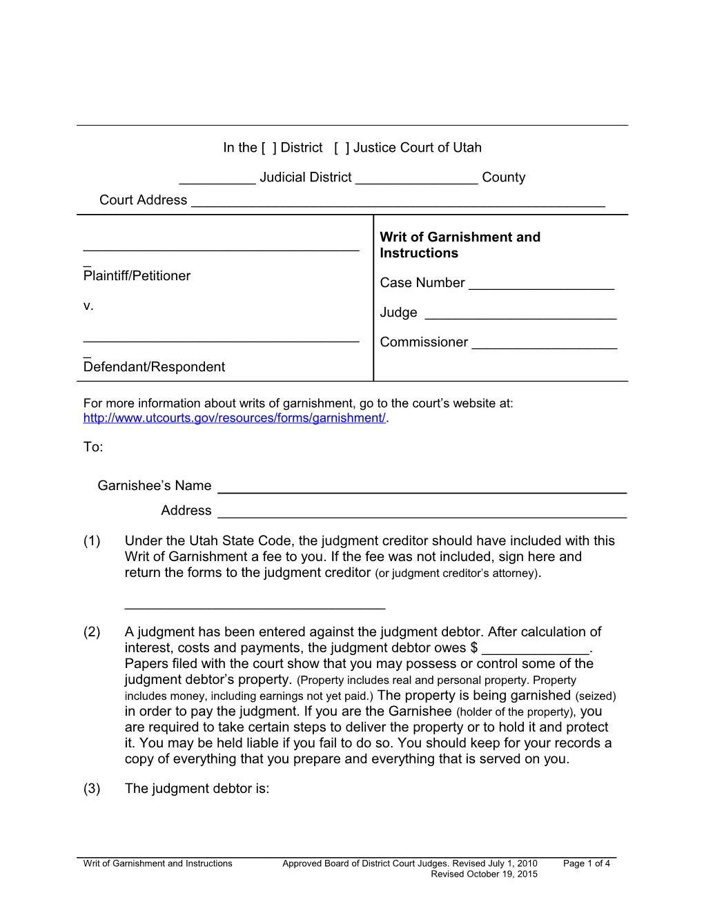 Writ Of Garnishment And Instructions