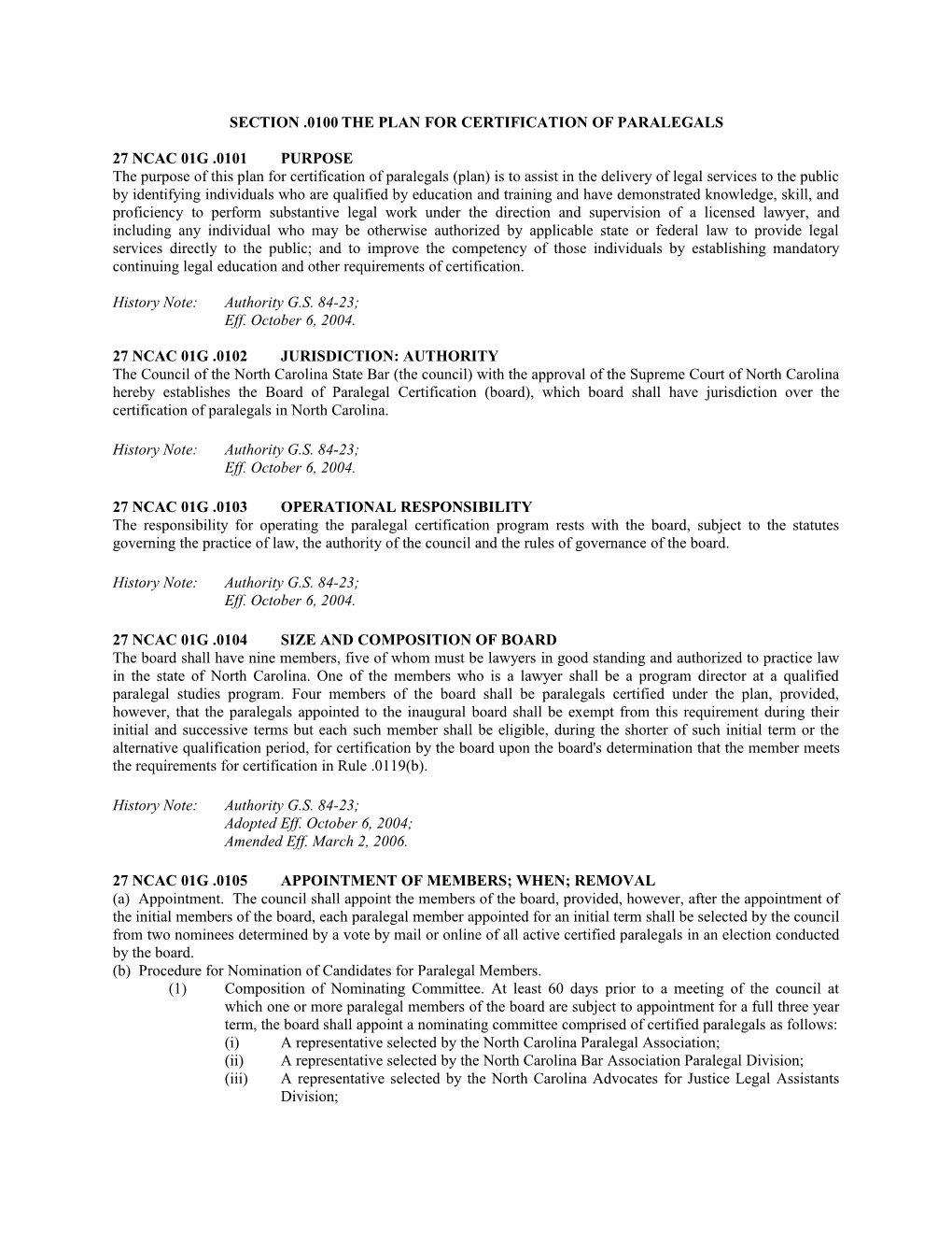 Section .0100The Plan for Certification of Paralegals