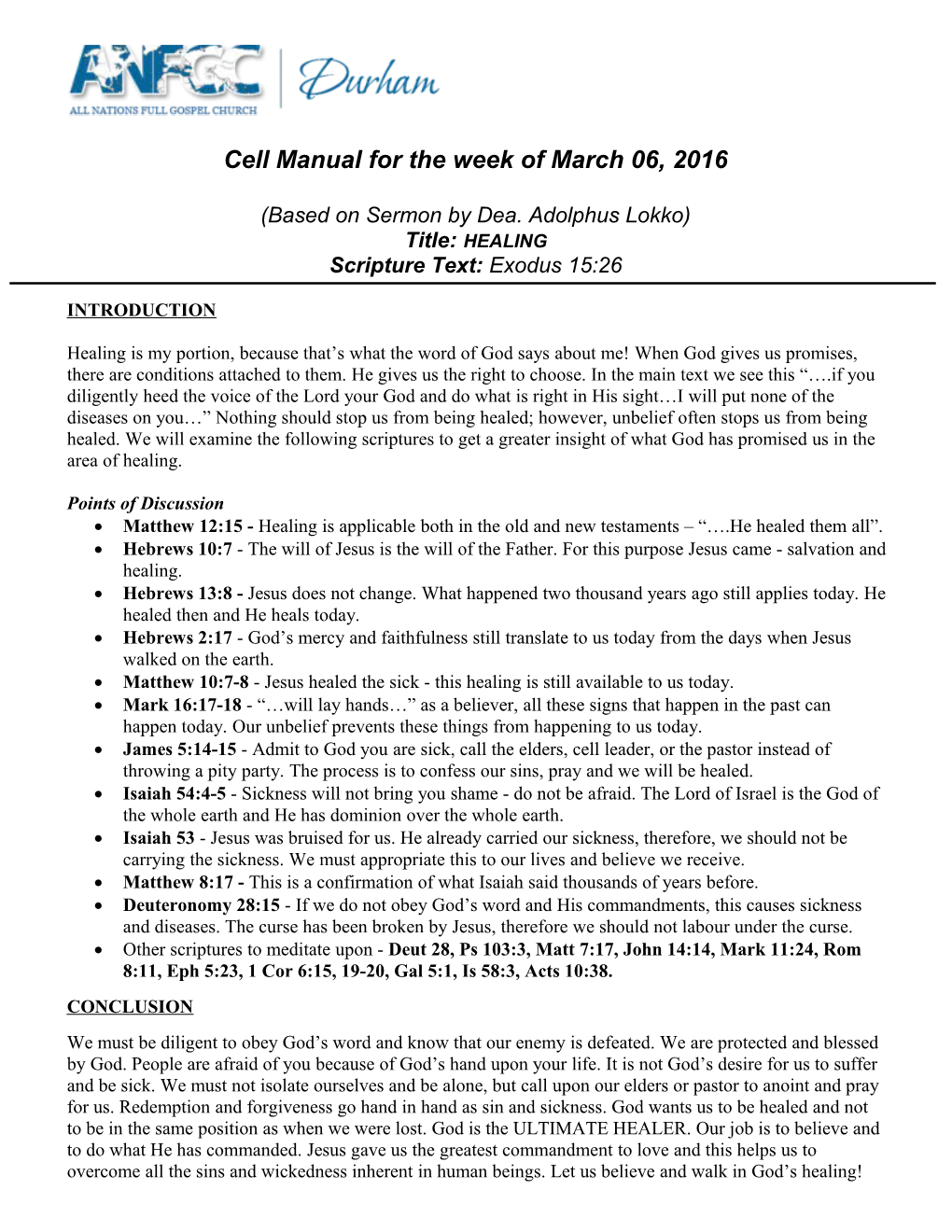 Cell Manual for the Week of March 06, 2016