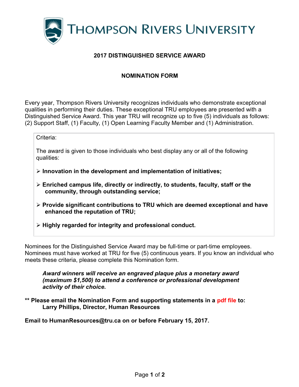 2017 Distinguished Services Award - Nomination Form