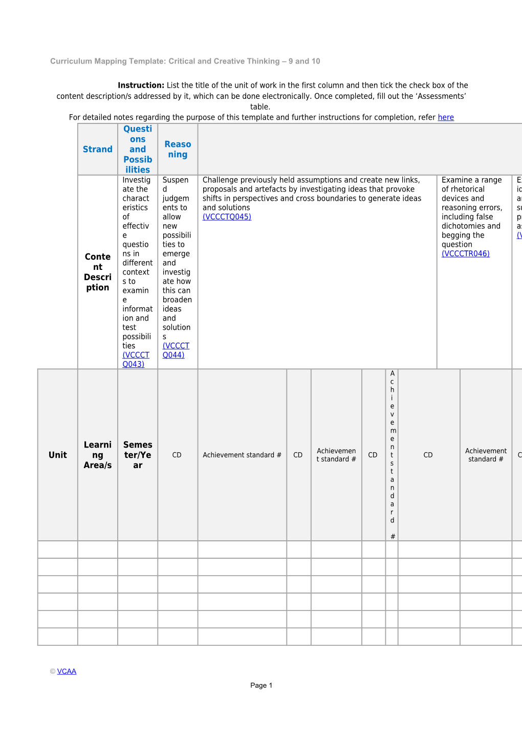 Curriculum Mapping Template: Critical and Creative Thinking 9 and 10
