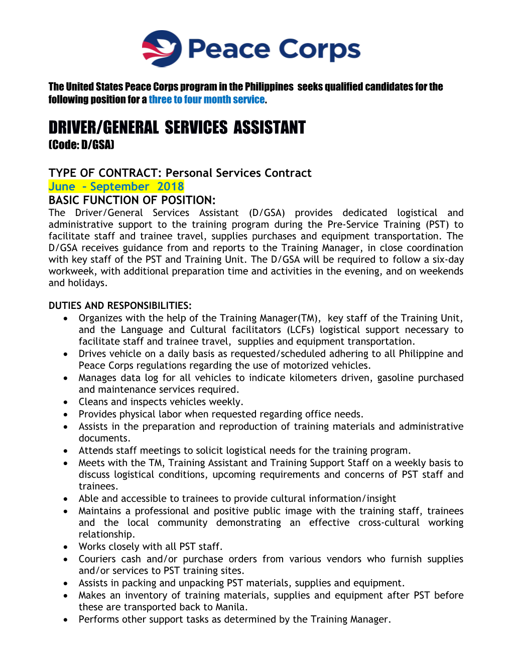 TYPE of CONTRACT: Personal Services Contract