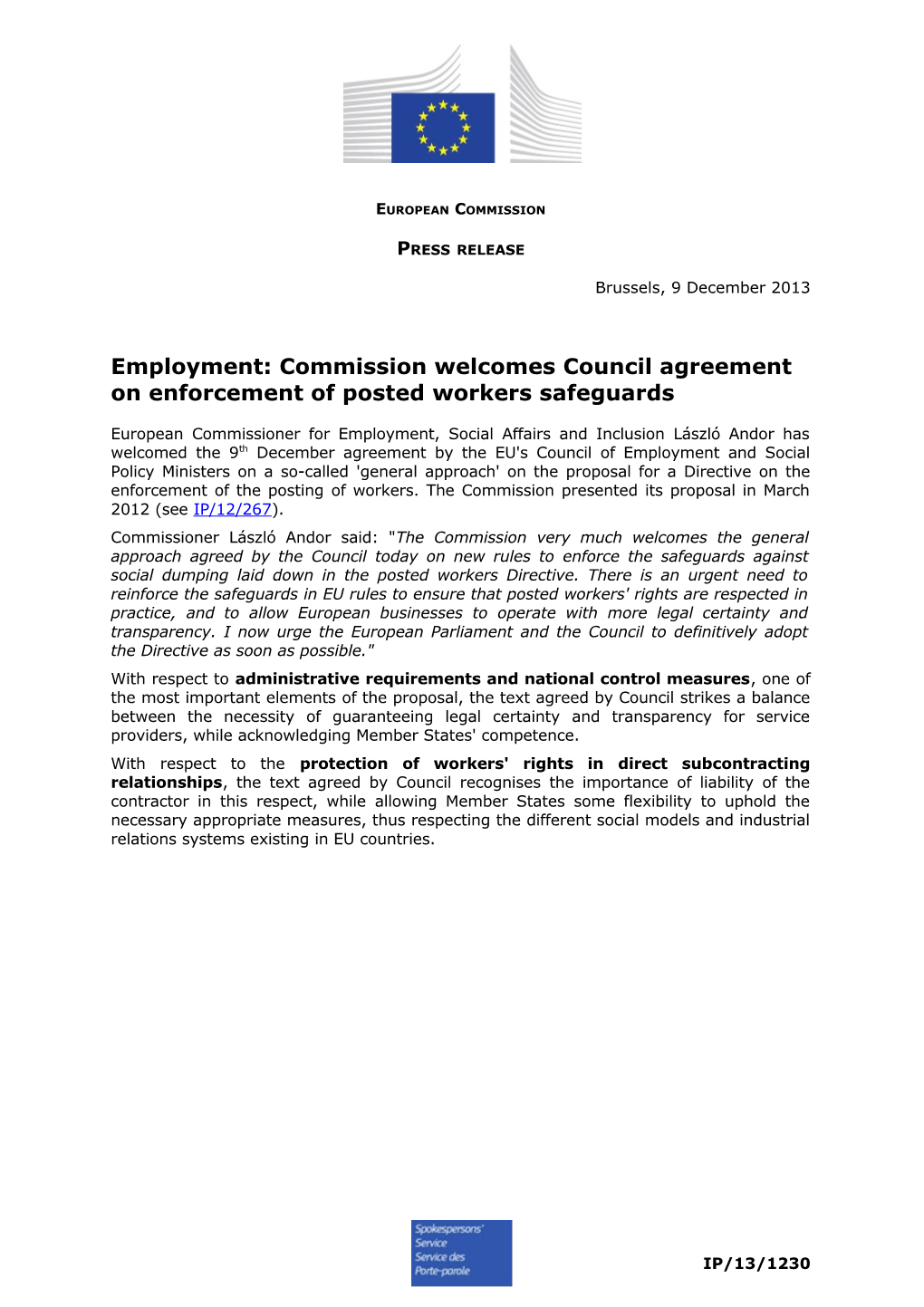 Employment: Commission Welcomes Council Agreement on Enforcement of Posted Workers Safeguards