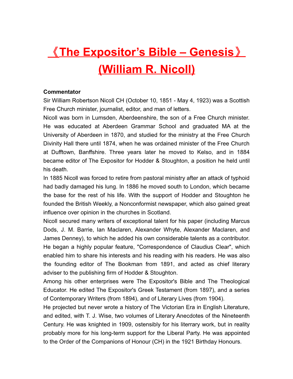 The Expositor S Bible Genesis (William R. Nicoll)