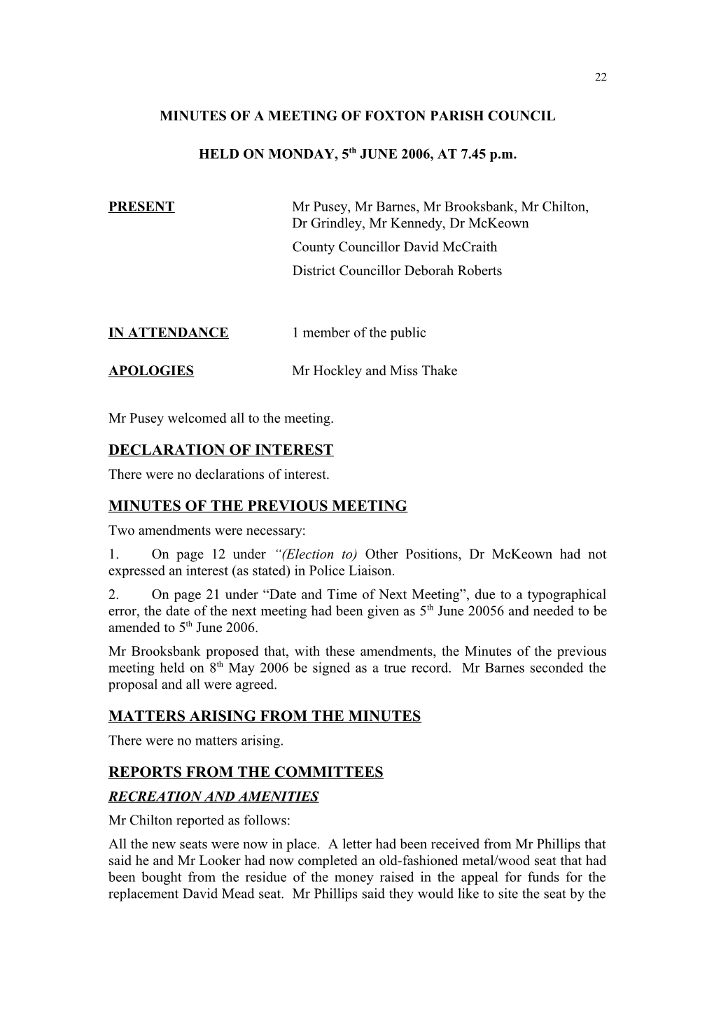 Minutes of a Meeting of Foxton Parish Council