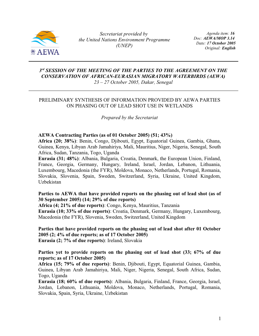 Preliminary Synthesis of Information Provided by Aewa Parties on Phasing out of Lead Shot