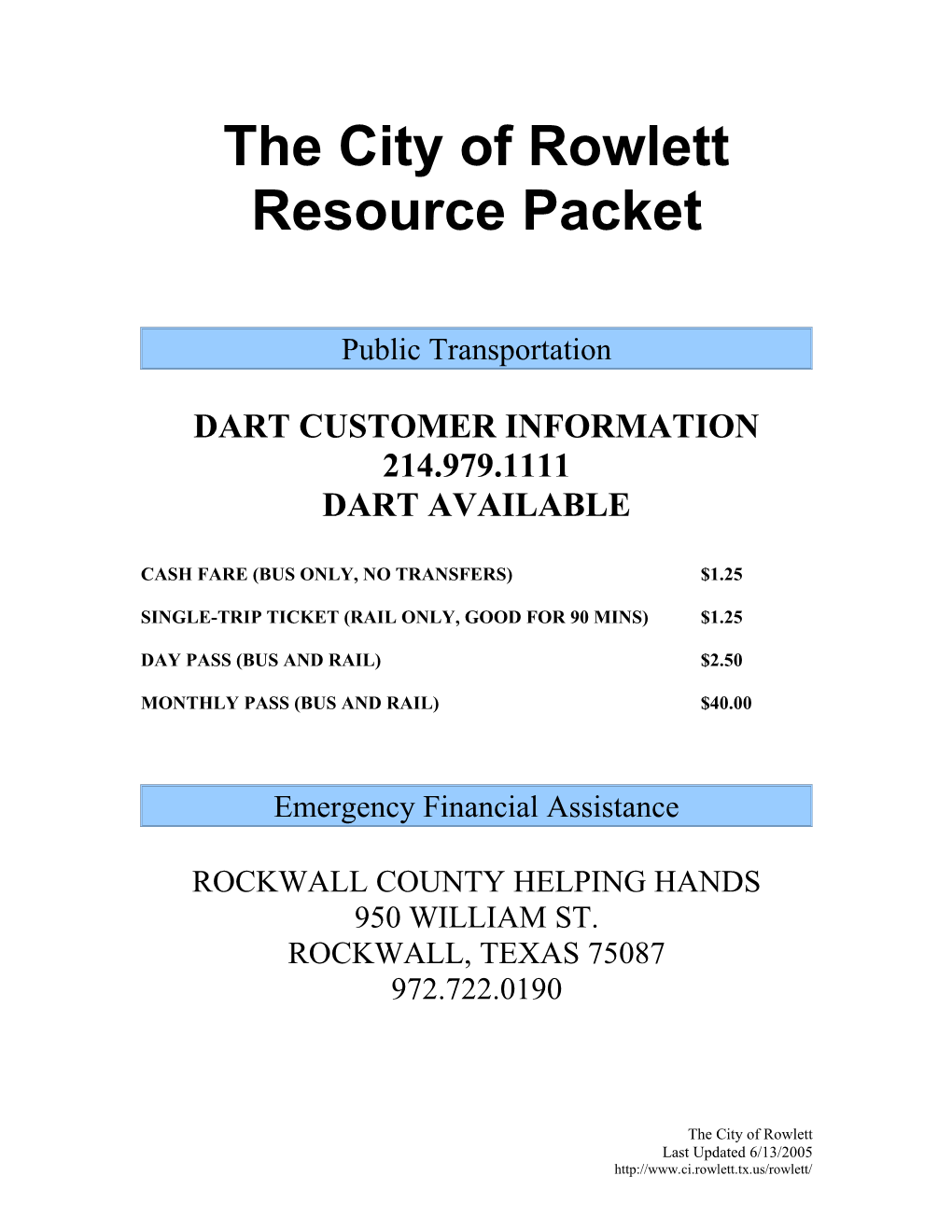 The City of Rowlett Resource Packet