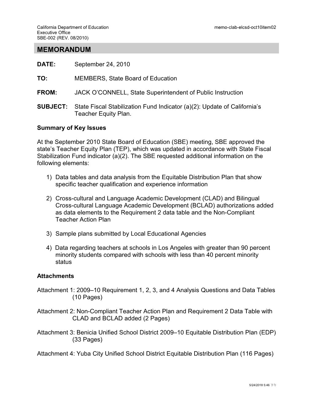 October 2010 Memorandum Item 1 - Information Memorandum (CA State Board of Education)