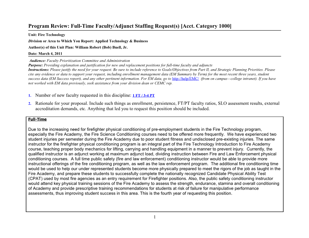 Program Review: Full-Time Faculty/Adjunct Staffing Request(S) Acct. Category 1000