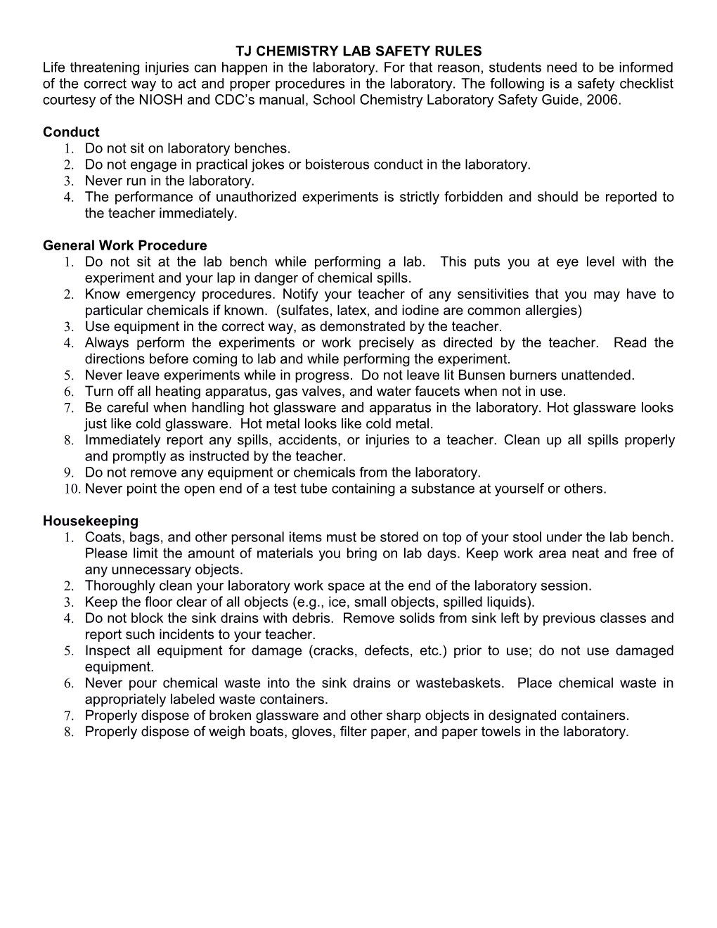 Tj Chemistry Lab Safety Rules