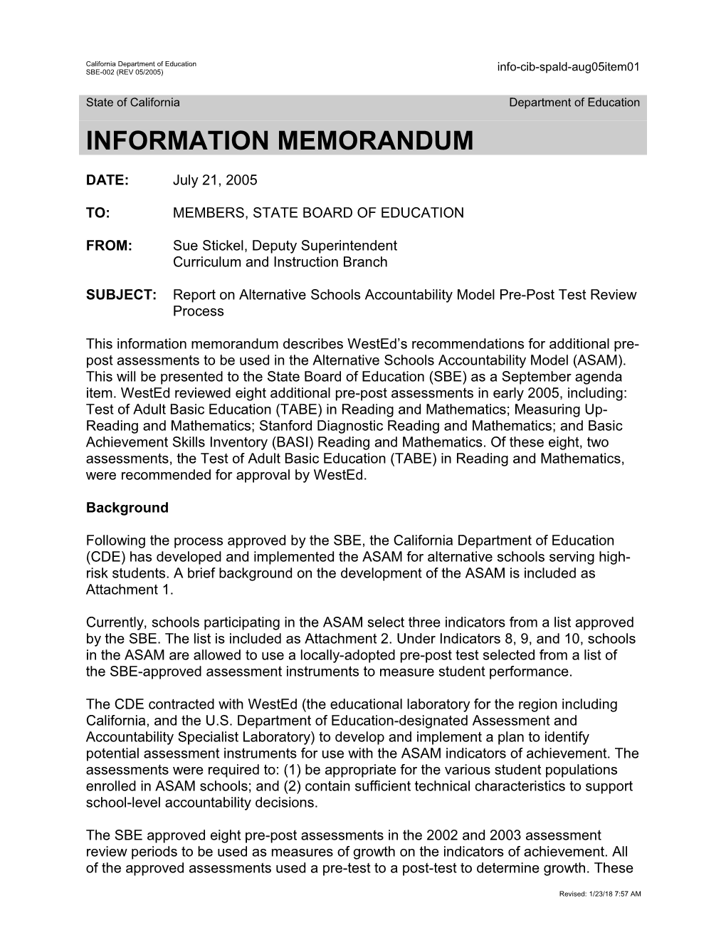 August 2005 Agenda Item 01 - Information Memorandum (CA State Board of Education)