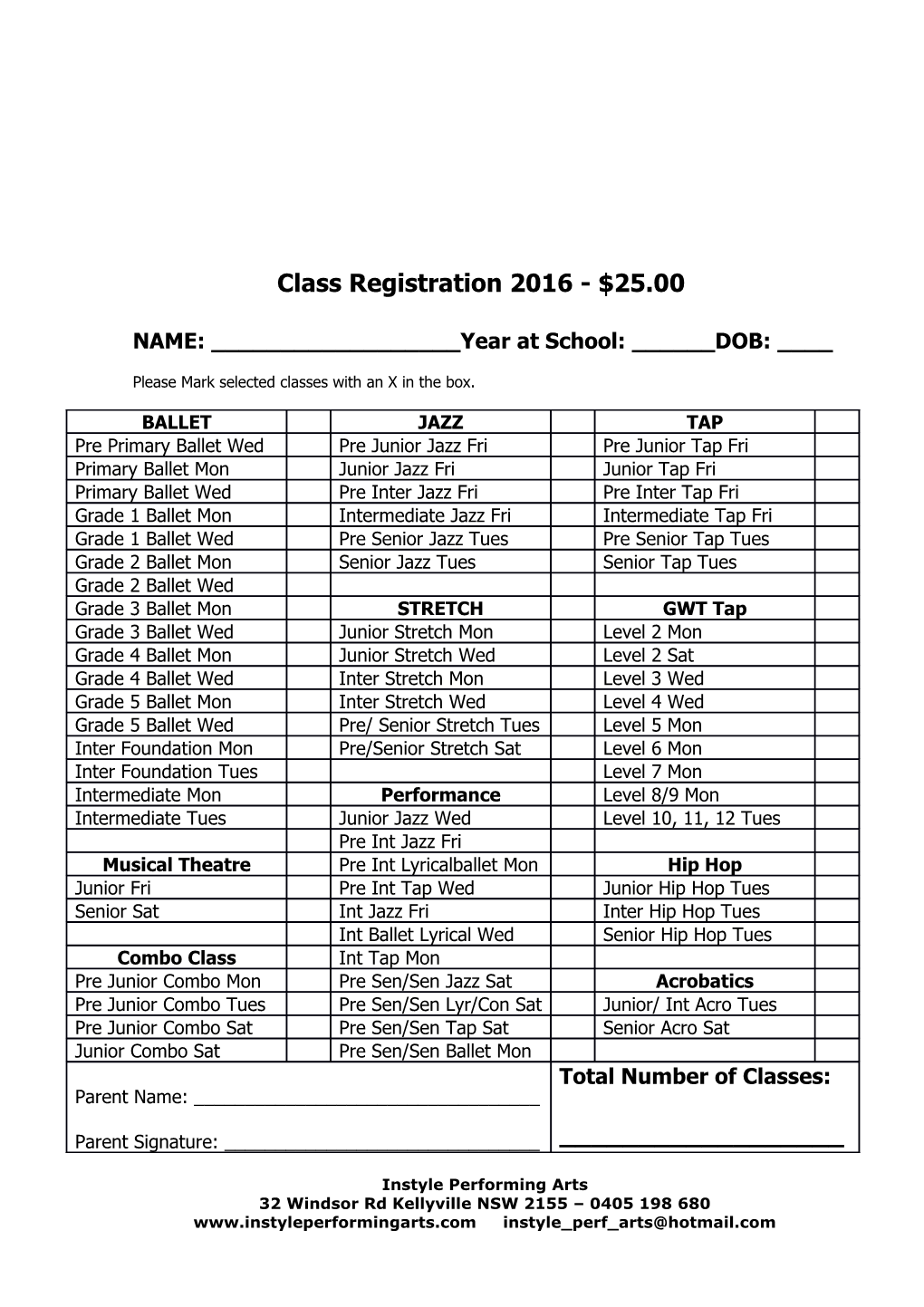 Class Registration 2016 - $25.00