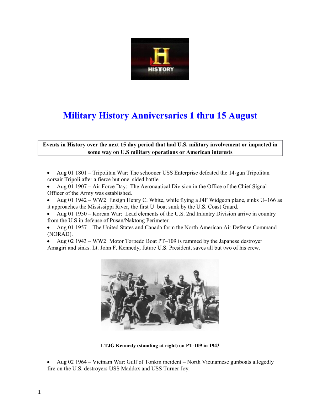 Military History Anniversaries 1 Thru 15 August