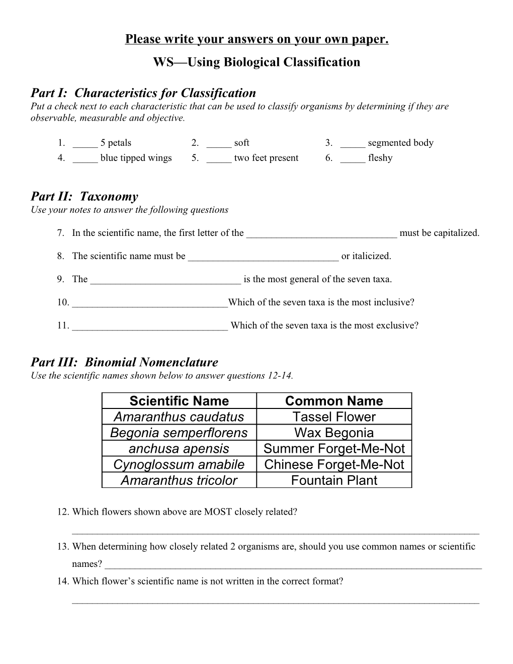 Part I: Characteristics for Classification