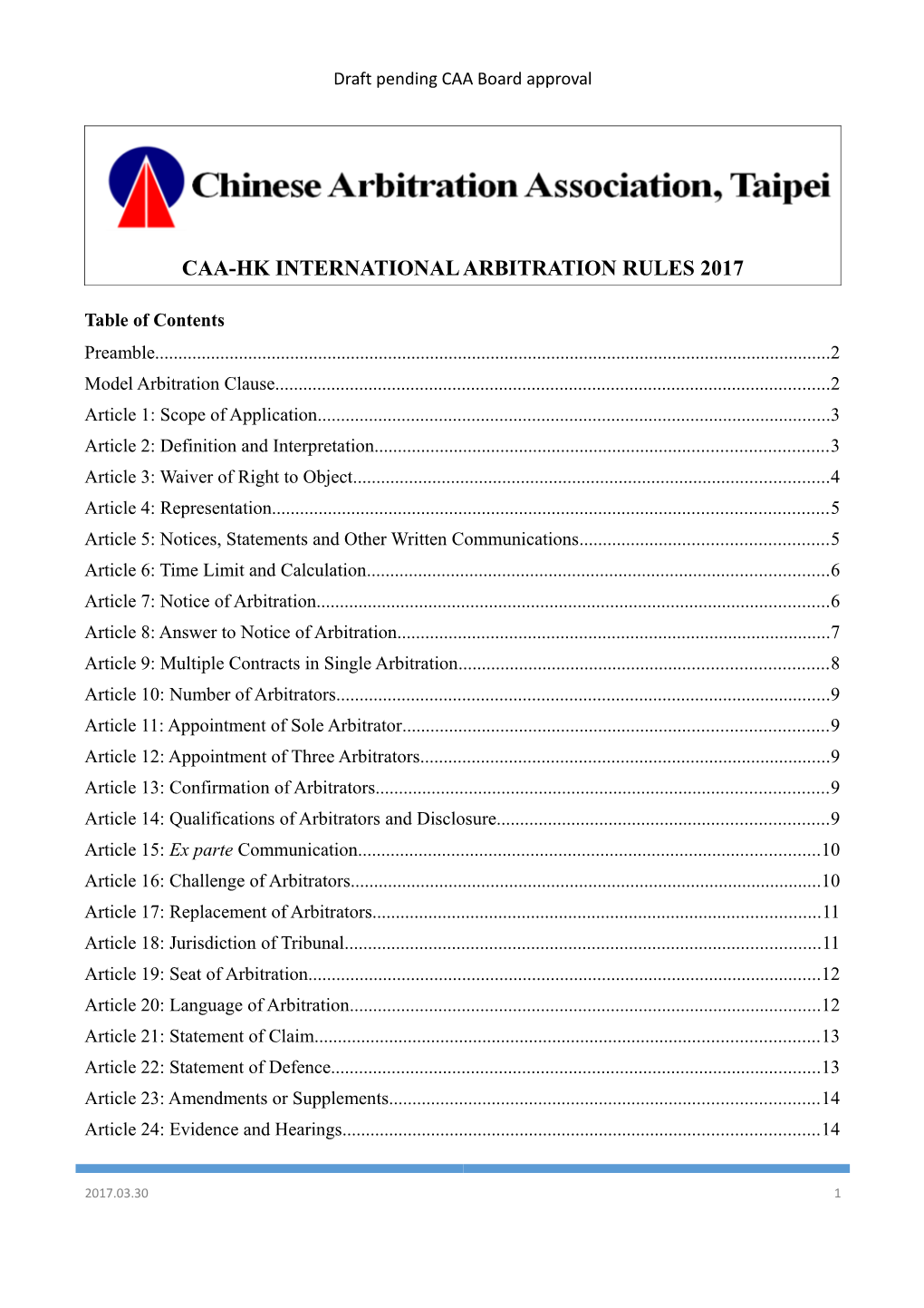 Caa-Hk International Arbitration Rules 2017