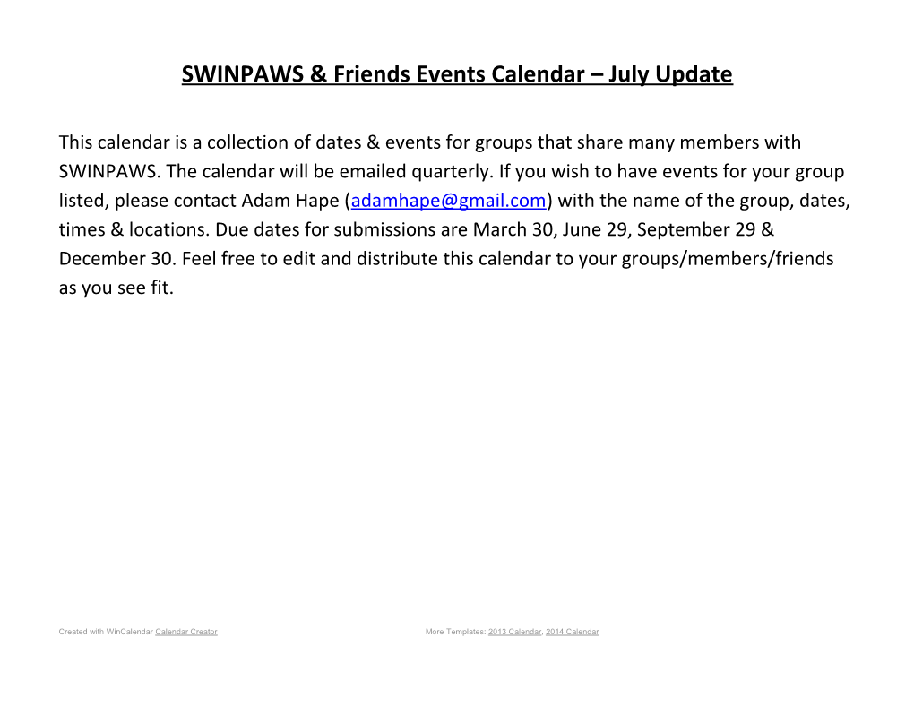 SWINPAWS & Friends Events Calendar July Update