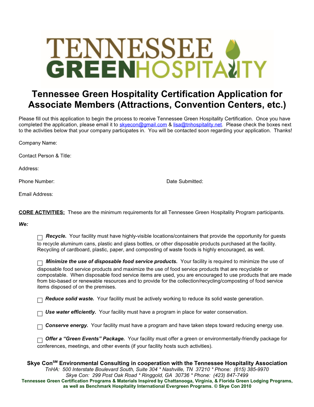 Tennessee Green Hospitality Certification Applicationfor