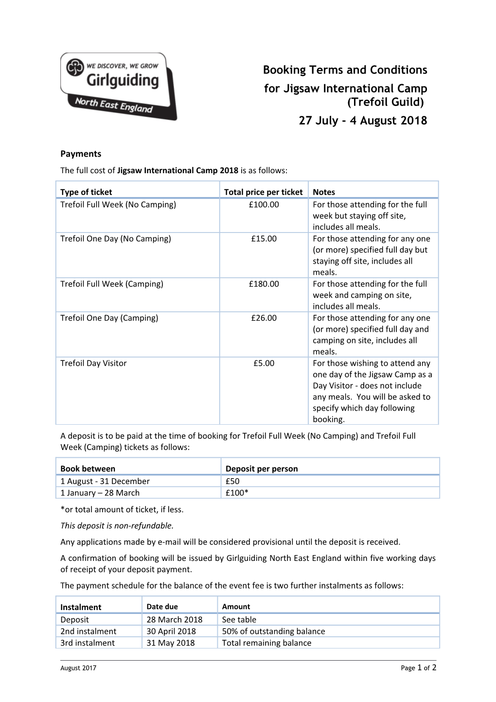 The Full Cost of Jigsaw International Camp 2018 Is As Follows