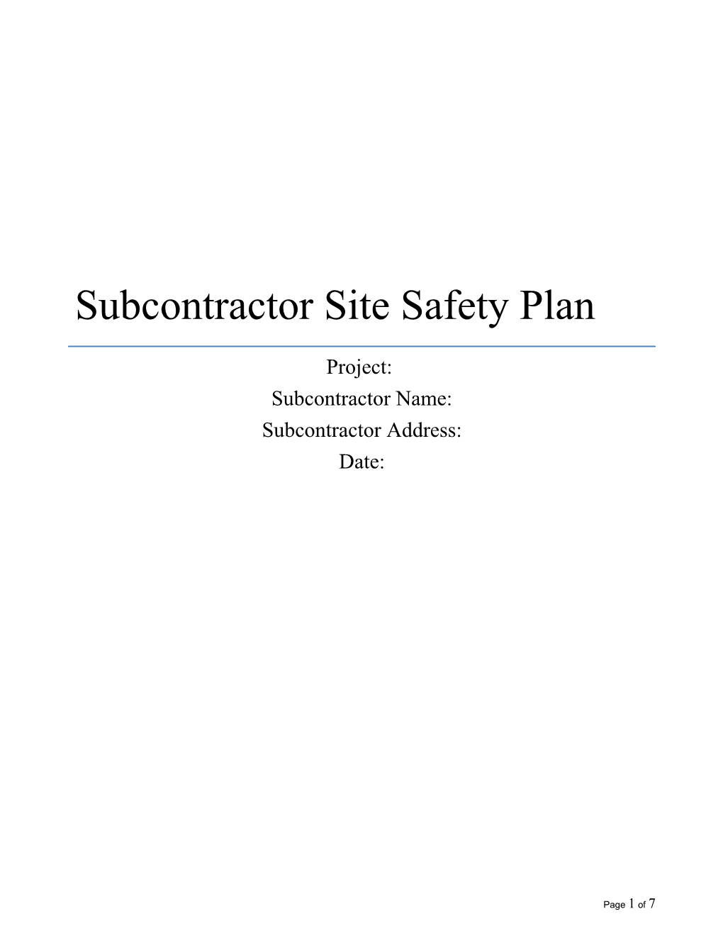 Subcontractor Site Safety Plan
